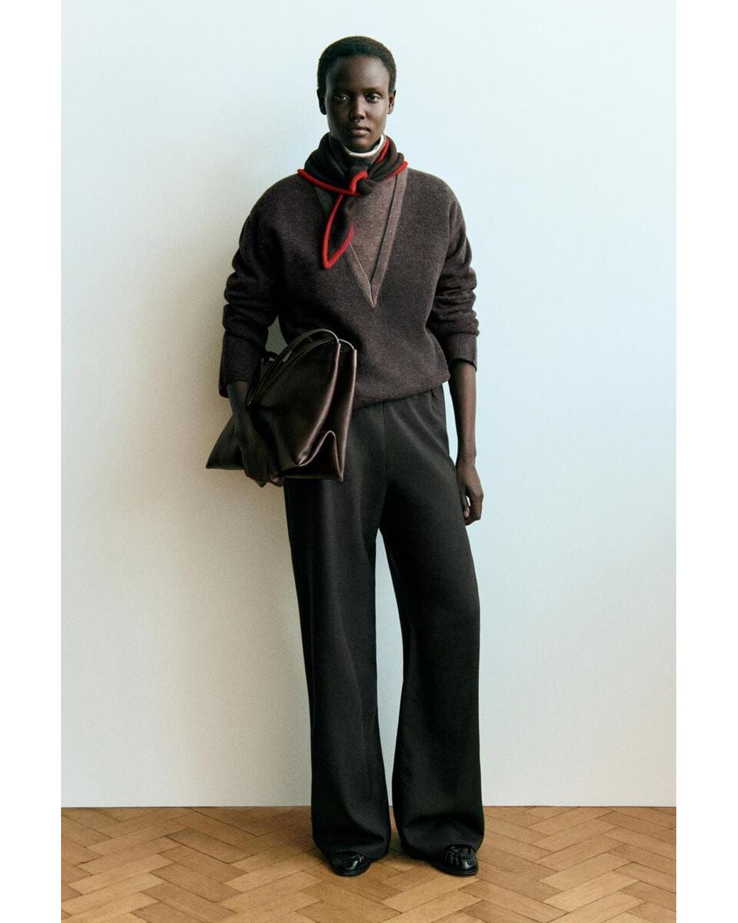 COS Brown Layered Funnel-Neck Merino Wool Sweater