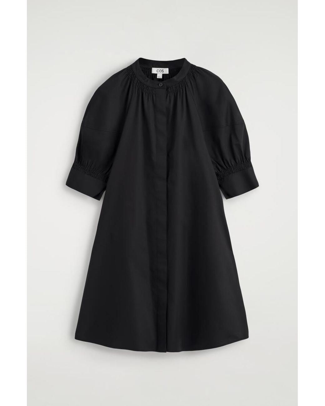 COS Black Smocked Puff-Sleeve Shirt Dress