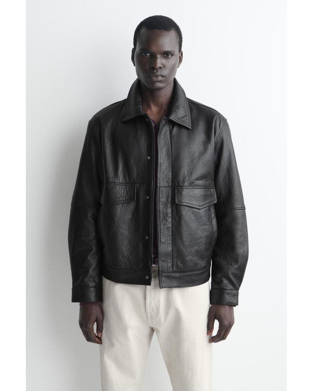 COS Black Leather Flight Jacket for men