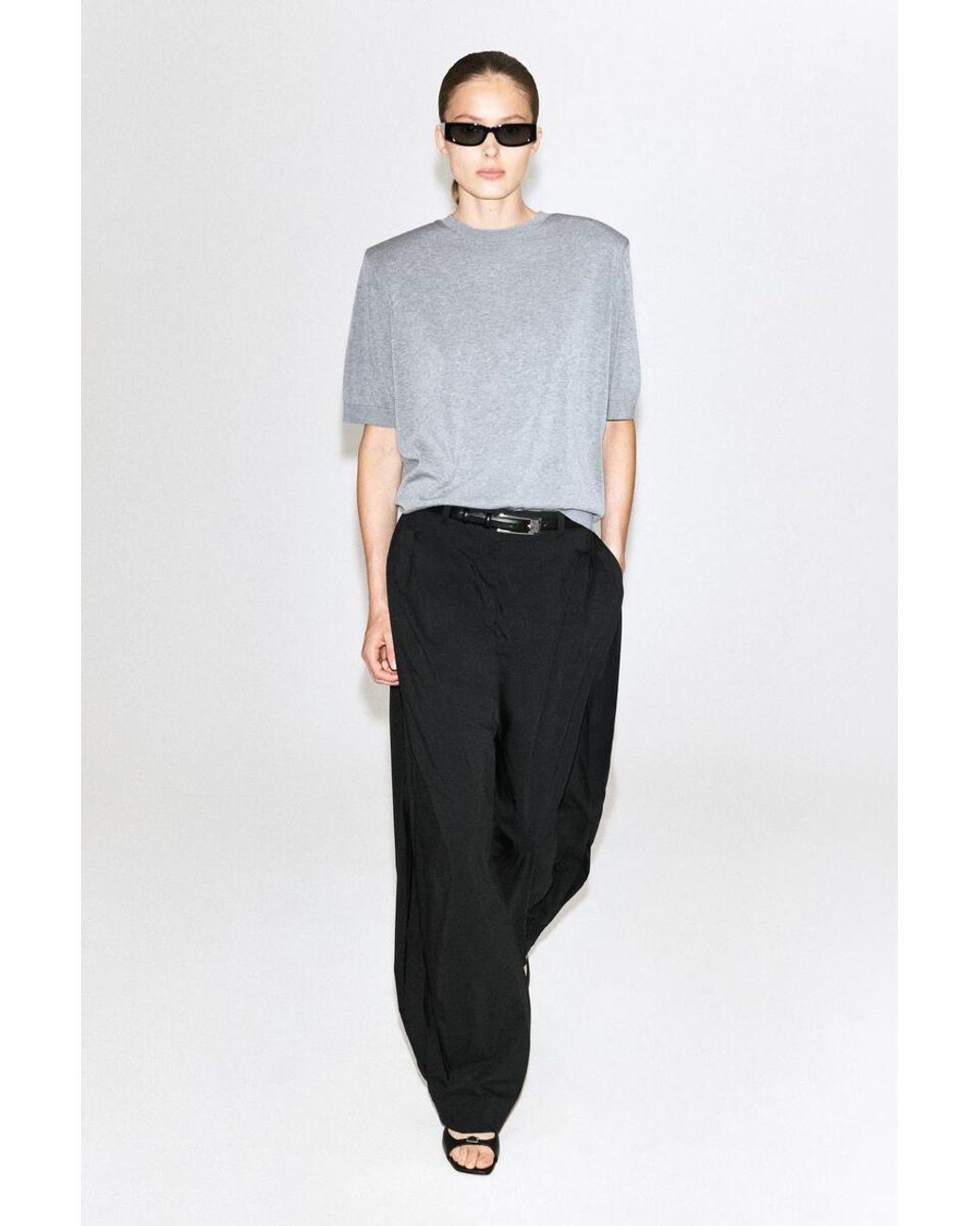 COS Gray Sculpted-Shoulder Silk-Cotton T-Shirt