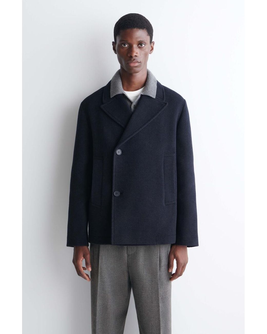 COS Blue Double-Breasted Wool Short Pea Coat for men