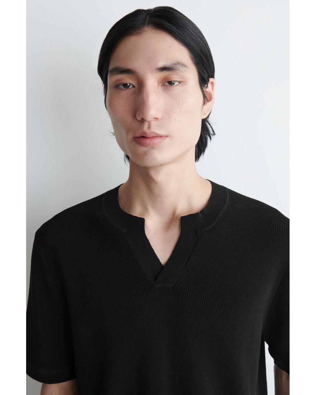 COS Black Open-Collar Henley T-Shirt for men