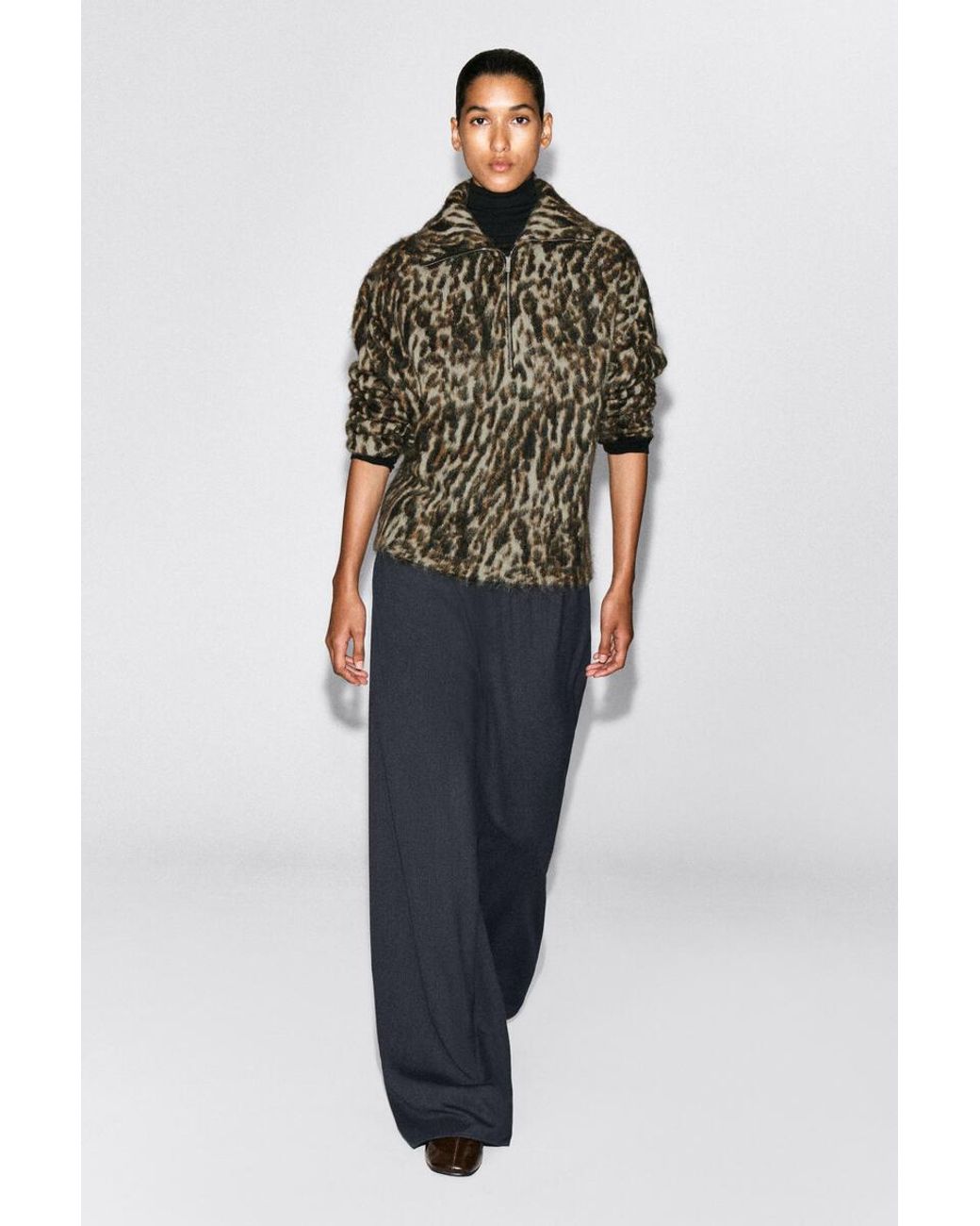 COS Brown Leopard-Jacquard Zip-Up Jumper