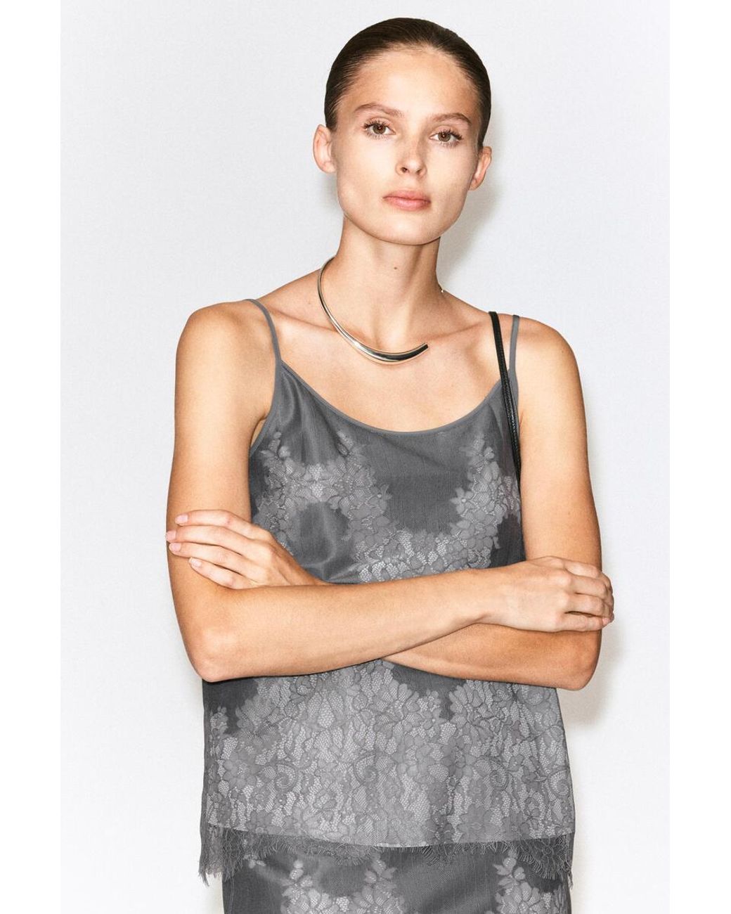 COS Gray Lace-Overlay Cami Top