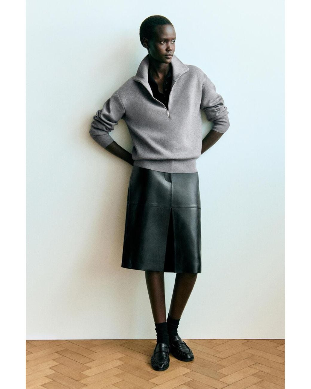COS Gray Mock-Neck Half-Zip Knitted Sweater