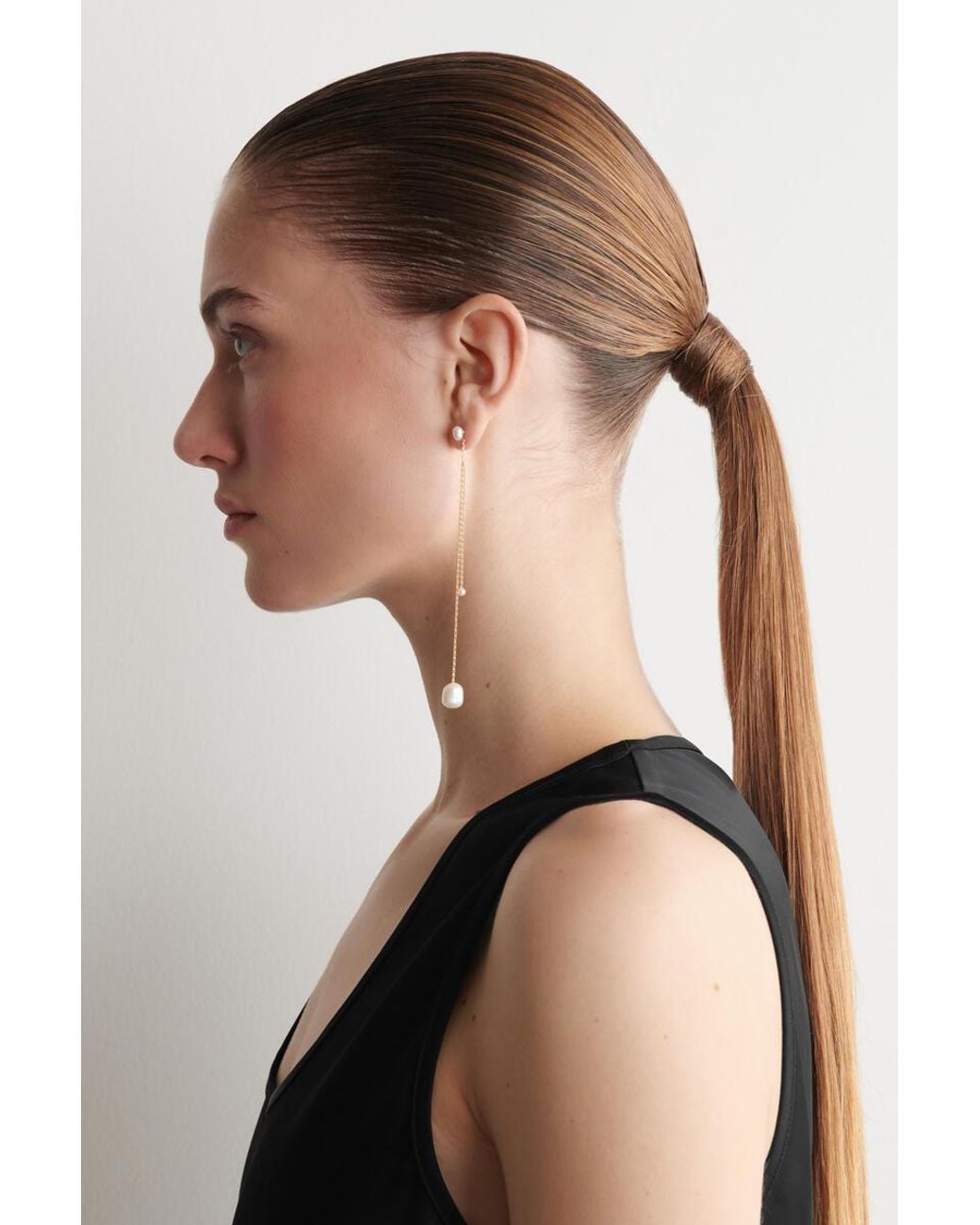COS White Mismatched Chain Freshwater Pearl Earrings