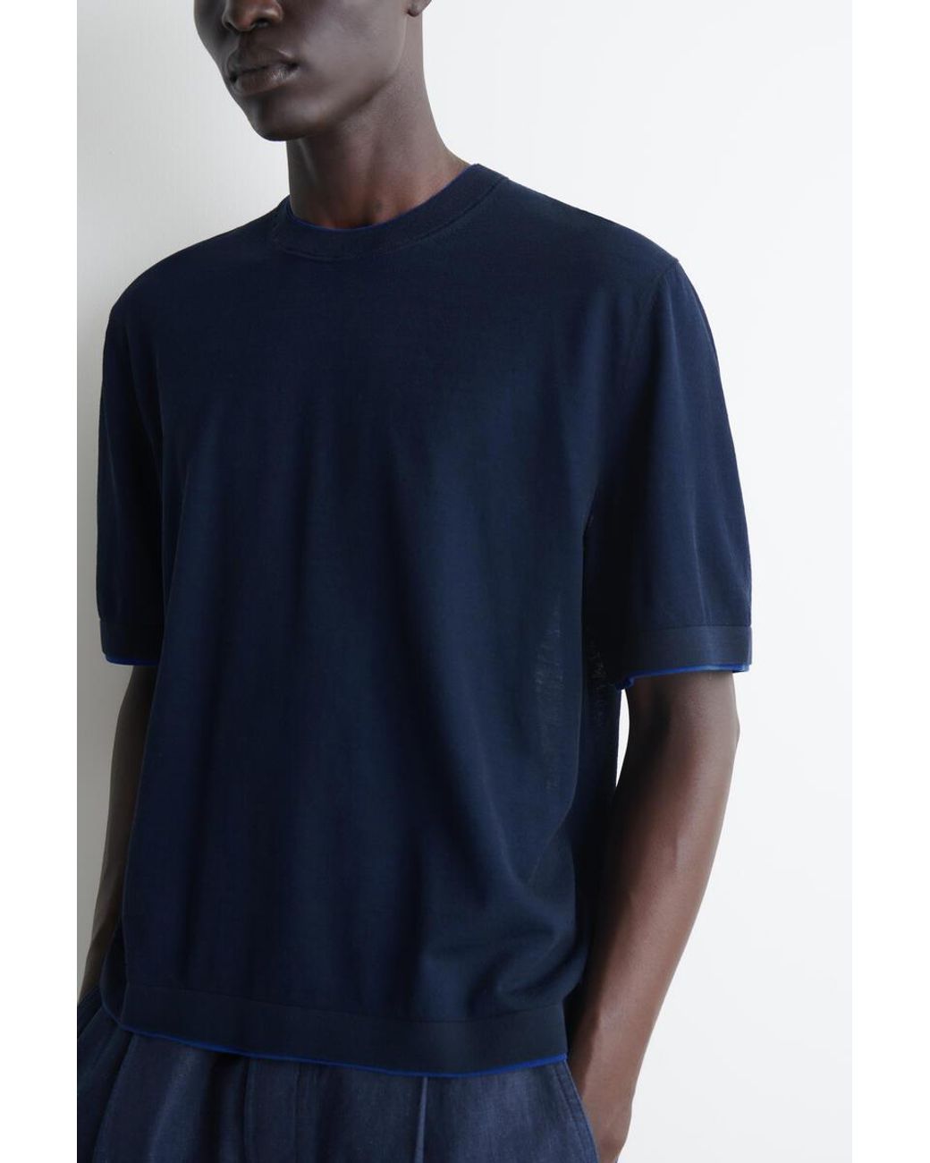 COS Blue Layered Knitted Cotton T-Shirt for men