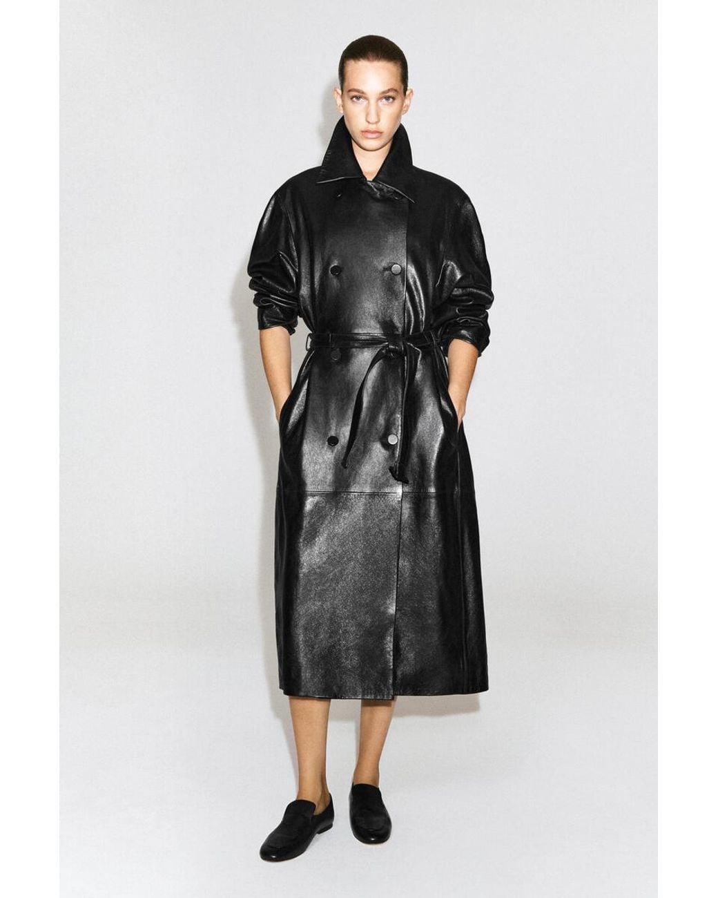 COS Black Oversized Belted Leather Long Coat