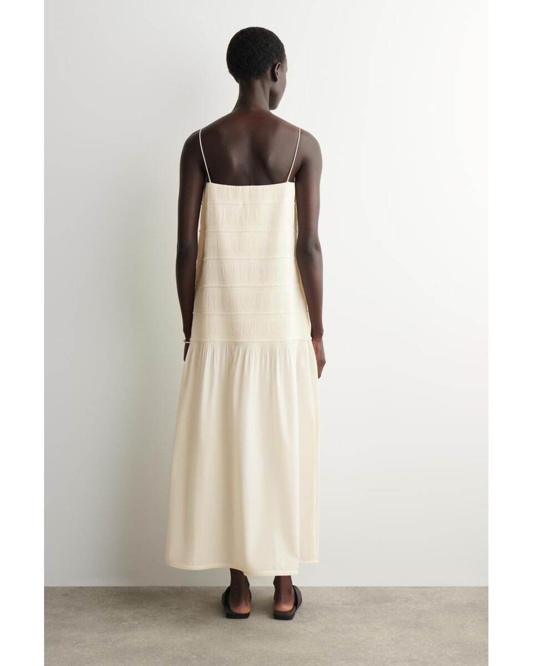 COS White Ruched Dropped-Waist Poplin Midi Dress