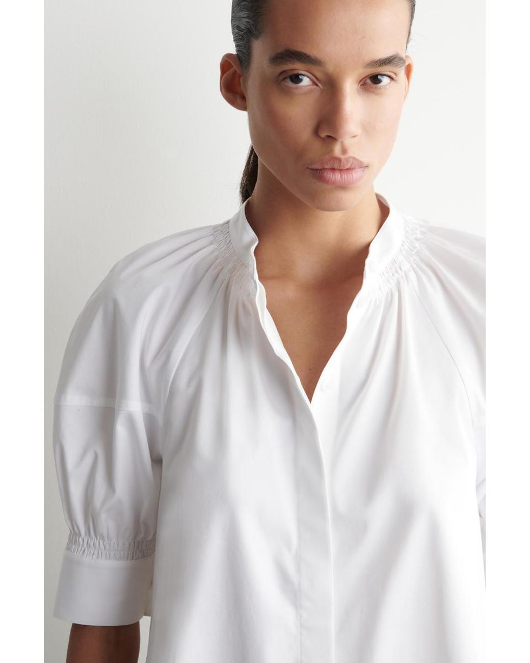 COS White Smocked Puff-Sleeve Blouse