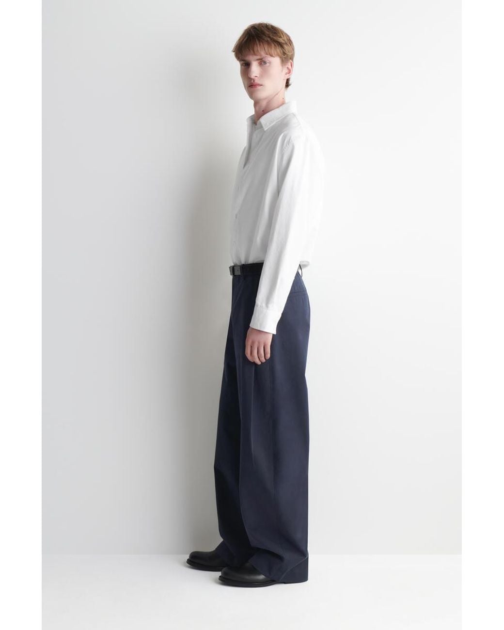 COS Blue Pleated Cotton Relaxed-Fit Wide-Leg Trousers for men