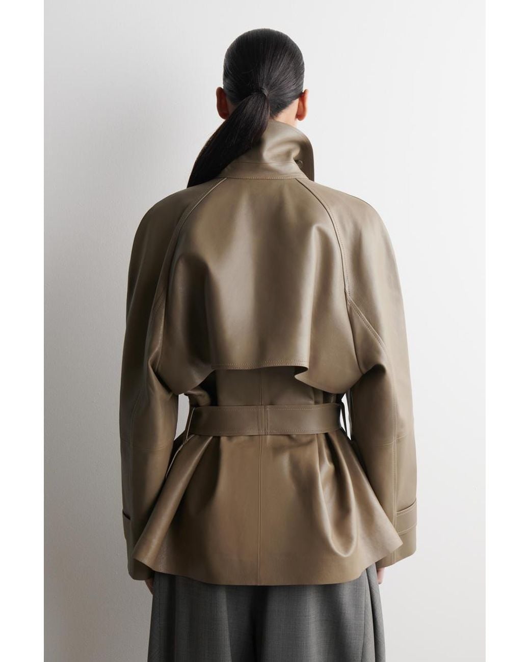 COS Natural Funnel-Neck Leather Short Trench Jacket