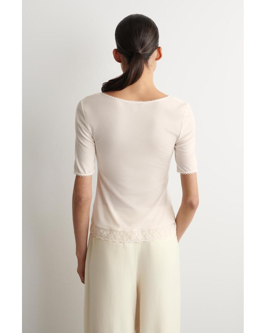 COS Natural Lace-Trimmed Ribbed V-Neck T-Shirt