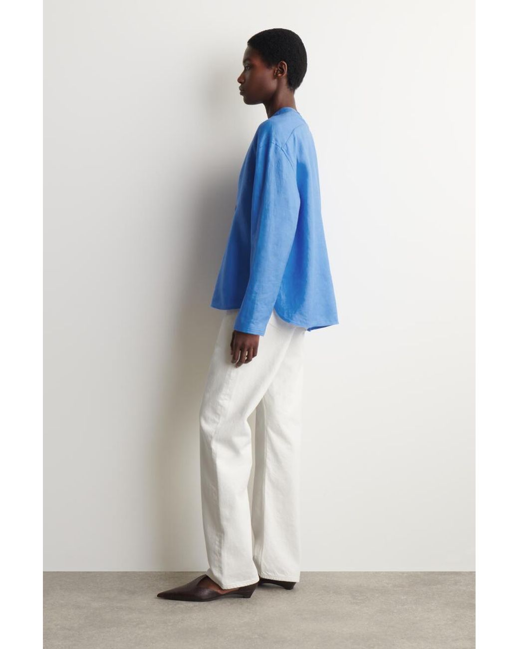 COS Blue Button-Detail Linen V-Neck Shirt
