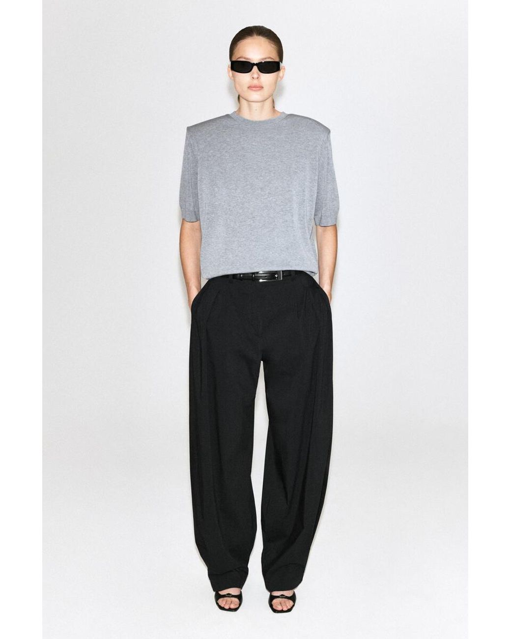 COS Gray Sculpted-Shoulder Silk-Cotton T-Shirt