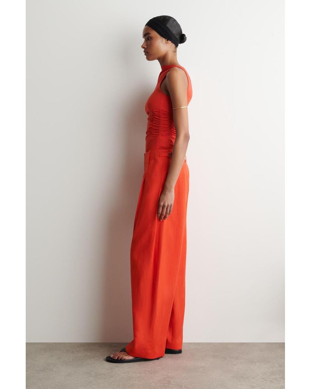 COS Red Buckle-Detail Linen Barrel-Leg Pants