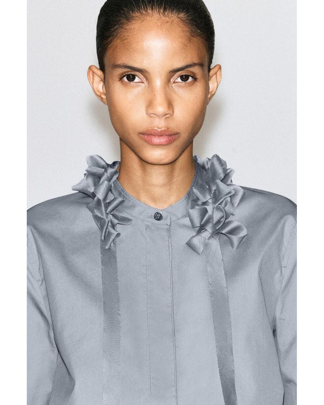 COS Gray Ruffled-Collar Cotton-Silk Shirt
