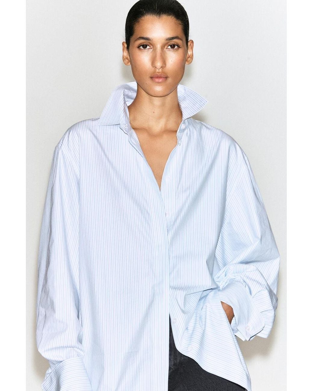 COS Blue Cutaway-Collar Striped Cotton-Blend Shirt