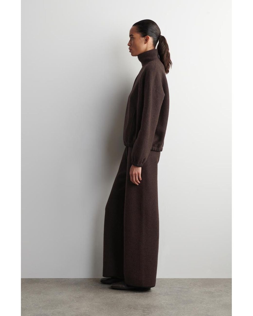 COS Brown Boiled Merino Wool Zip-Up Sweater