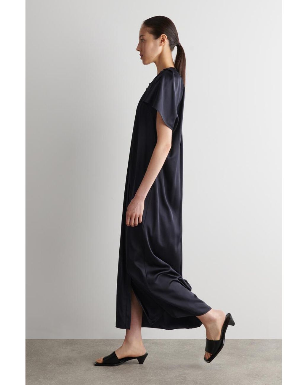 COS Blue Pleated Satin Midi Dress