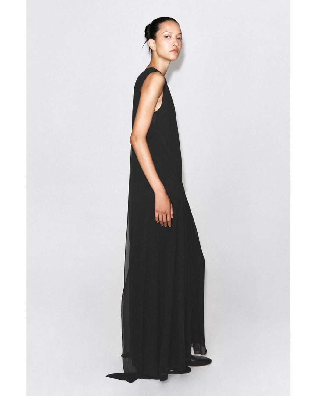 COS Black Draped Gathered Chiffon Maxi Dress
