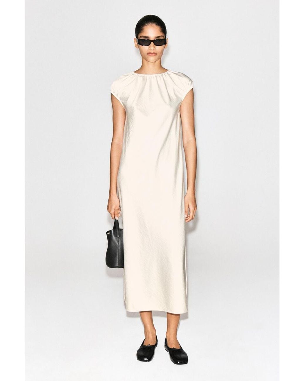 COS White Gathered Satin Midi Dress