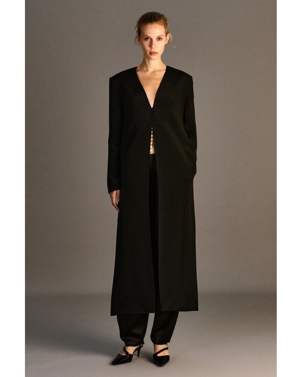 COS Black Button-Detail Silk-Crepe Long Coat