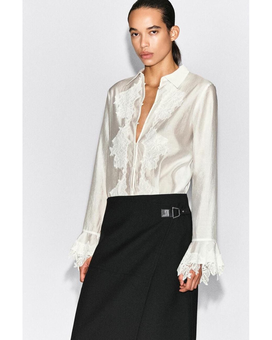 COS Black Leather-Belt Wool-Twill Midi Skirt