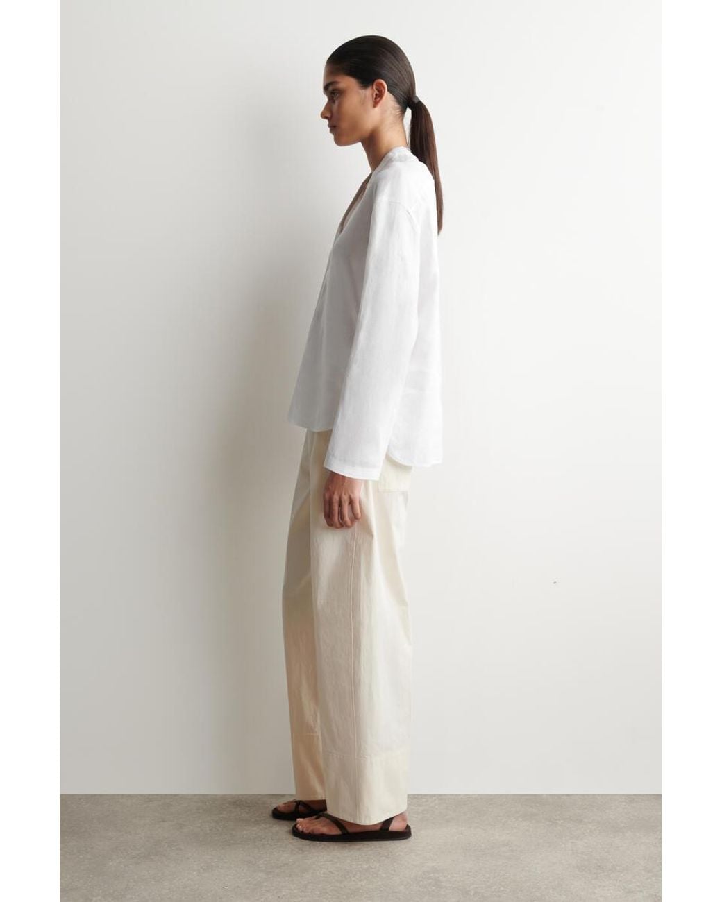 COS Blue Button-Detail Linen V-Neck Shirt