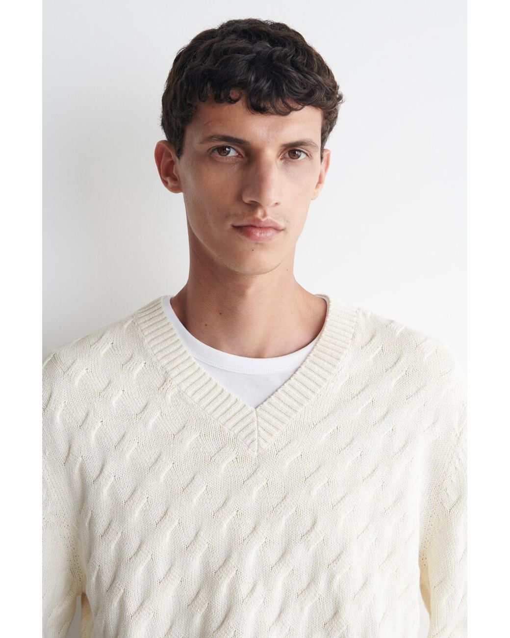 COS White Cable-Knit Cotton-Silk V-Neck Sweater for men