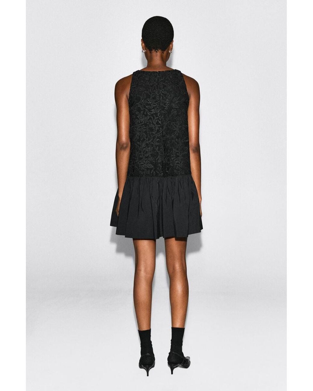 COS Black Embroidered Mesh Dropped-Waist Midi Dress