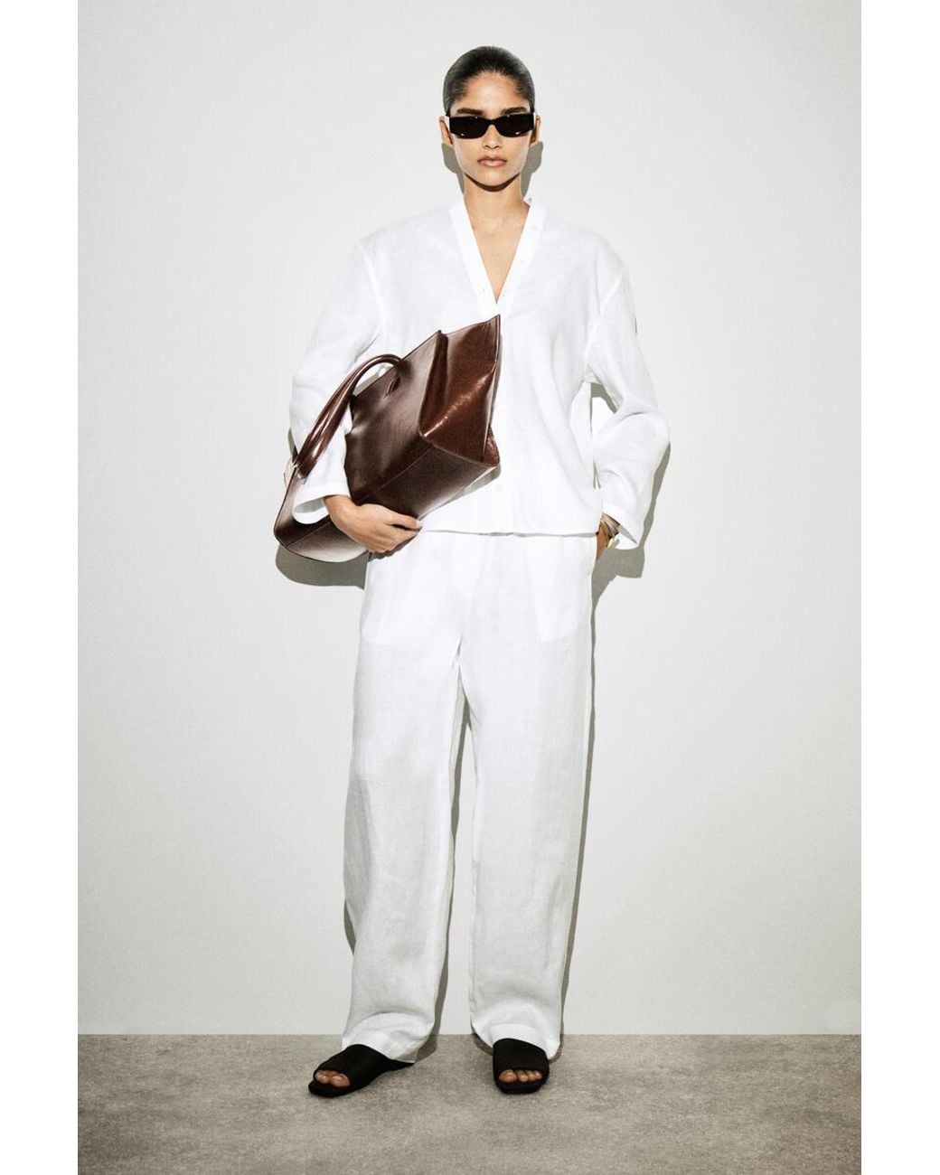 COS White Elasticated Linen Barrel-Leg Pants