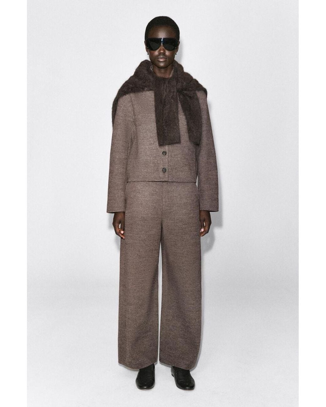 COS Brown Boiled Wool-Blend Barrel-Leg Pants