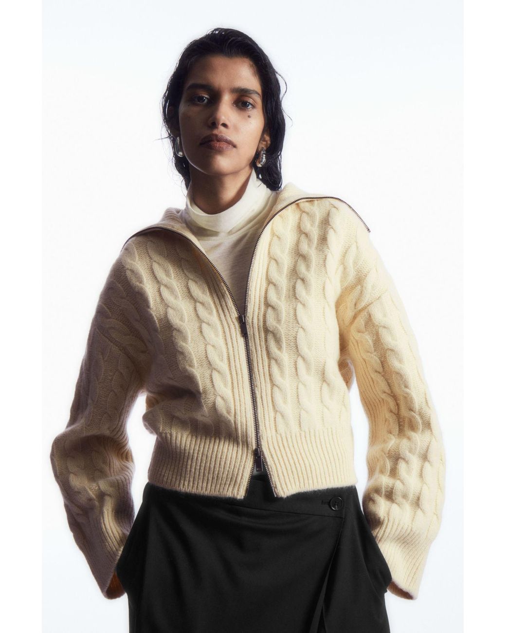 COS Cable-knit Wool Zip-up Jacket in Natural | Lyst