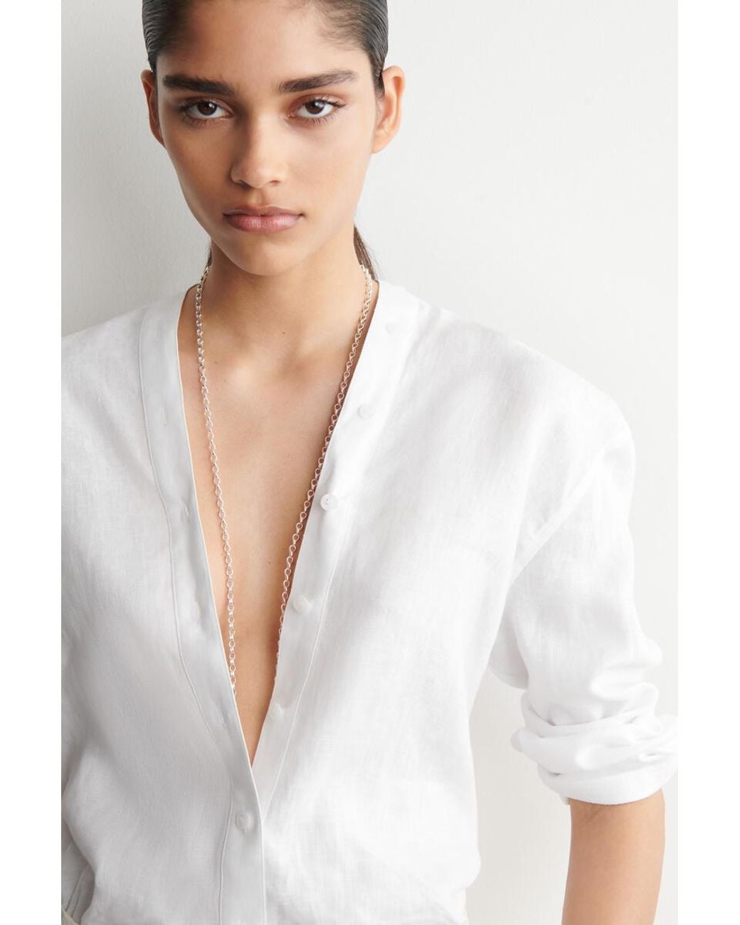 COS Blue Button-Detail Linen V-Neck Shirt
