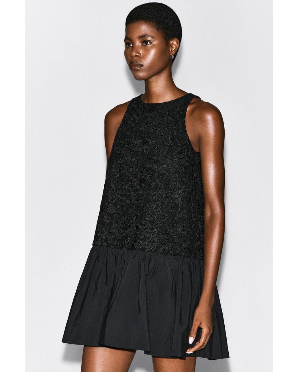 COS Black Embroidered Mesh Dropped-Waist Midi Dress