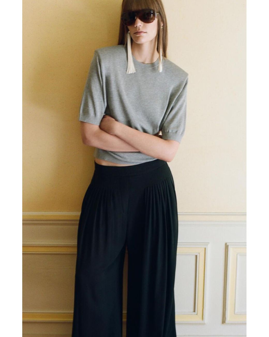 COS Gray Sculpted-Shoulder Silk-Cotton T-Shirt