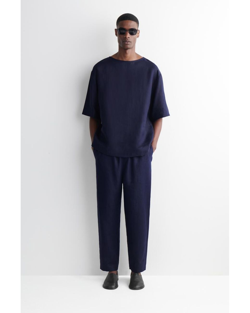 COS Blue Boat-Neck Linen T-Shirt for men