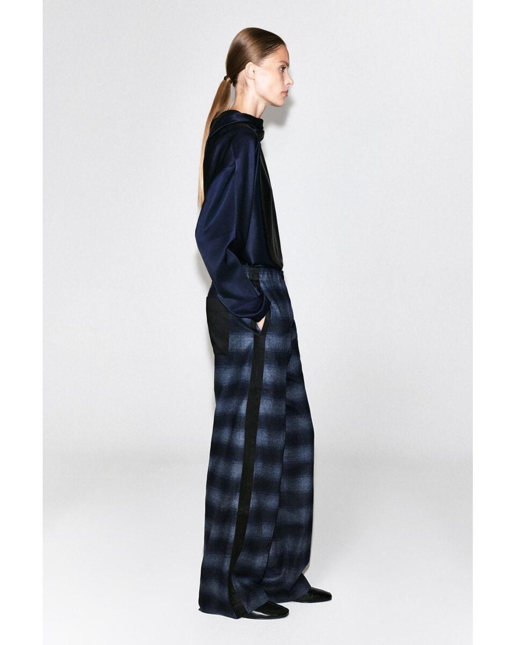 COS Blue Satin-Detail Checked Wool-Blend Trousers