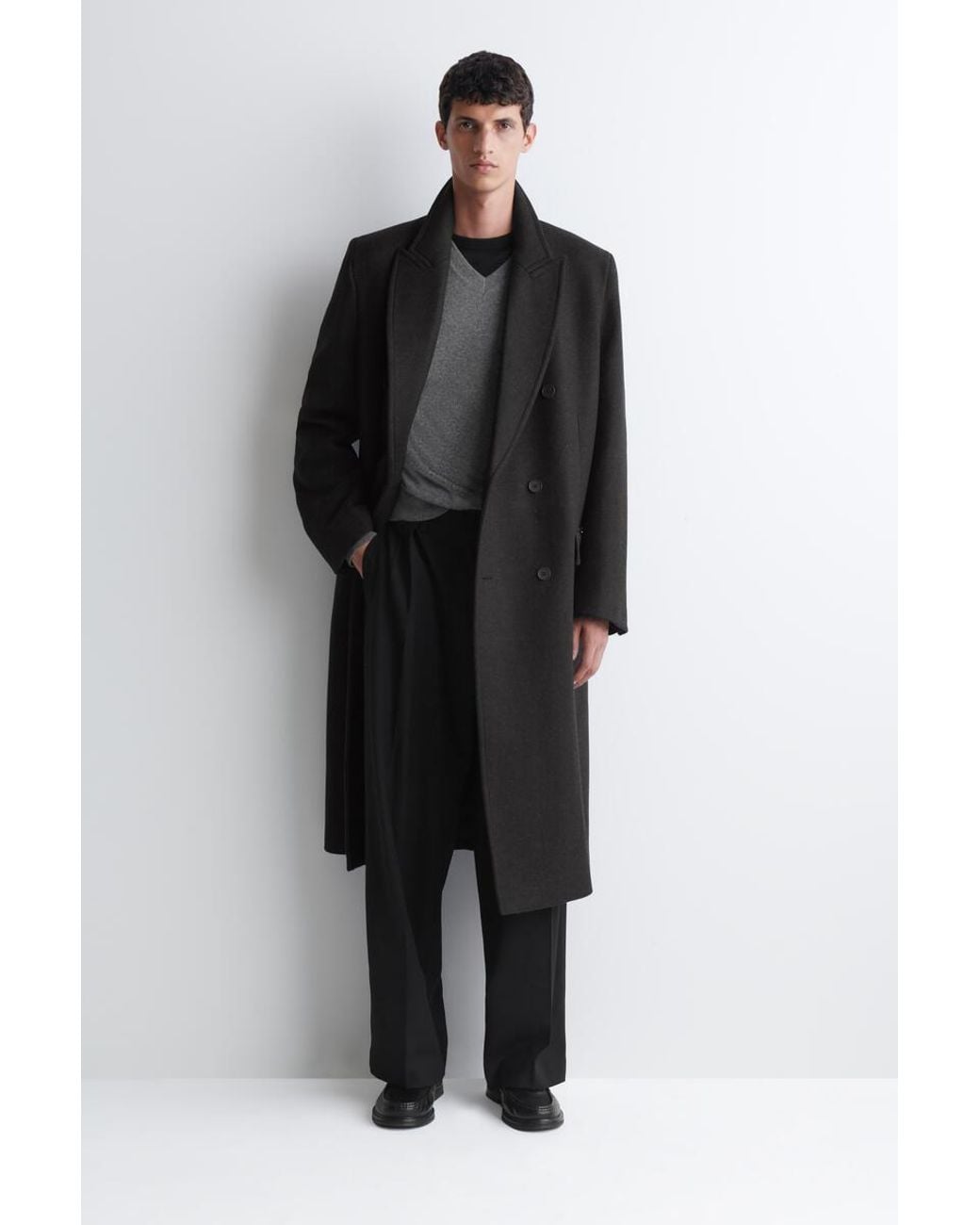 COS Black Double-Breasted Wool-Blend Long Coat for men
