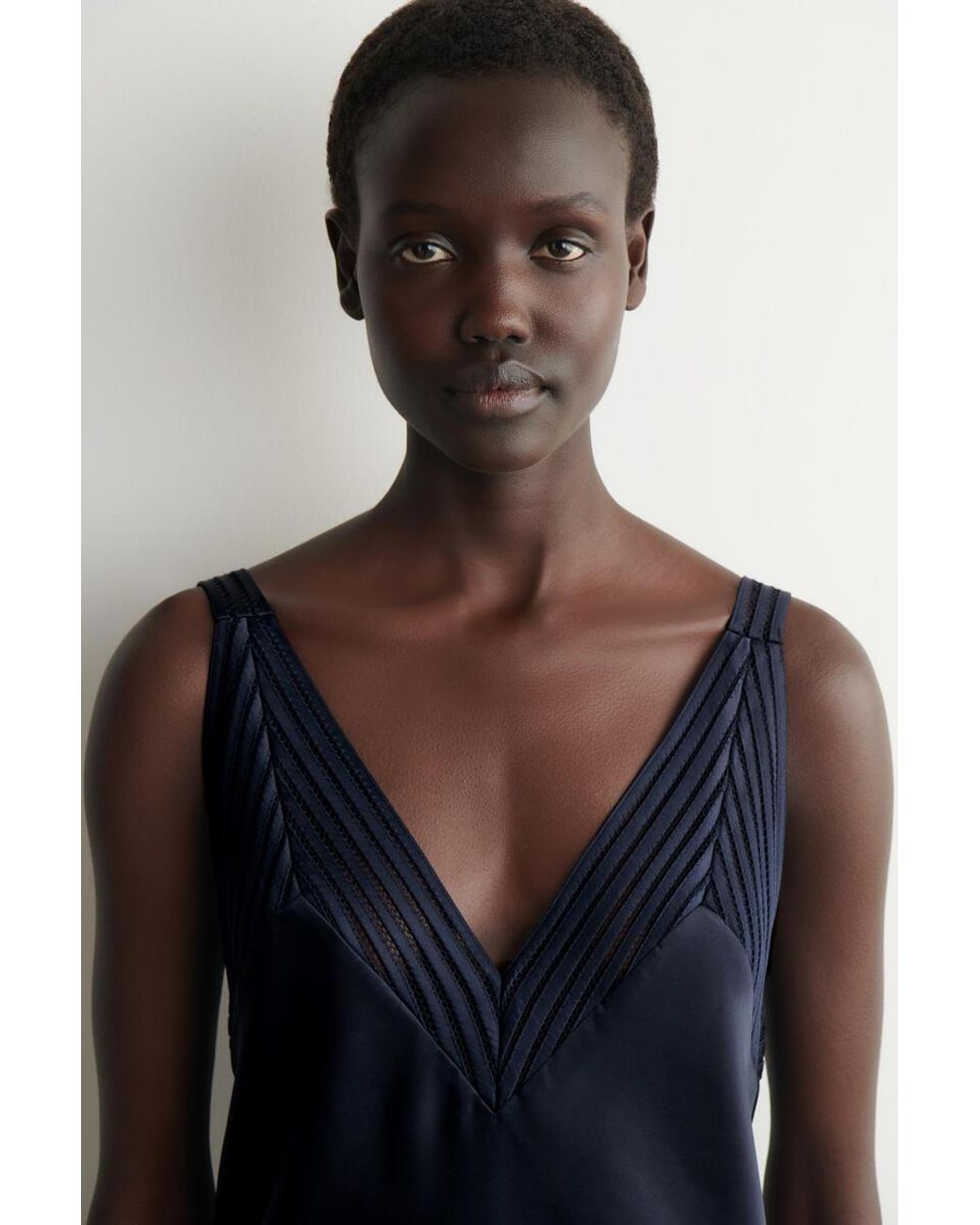 COS Blue Open-Stitch Satin Slip Dress