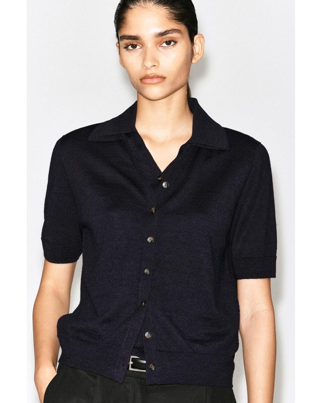 COS Blue Knitted Linen-Merino Short-Sleeved Shirt