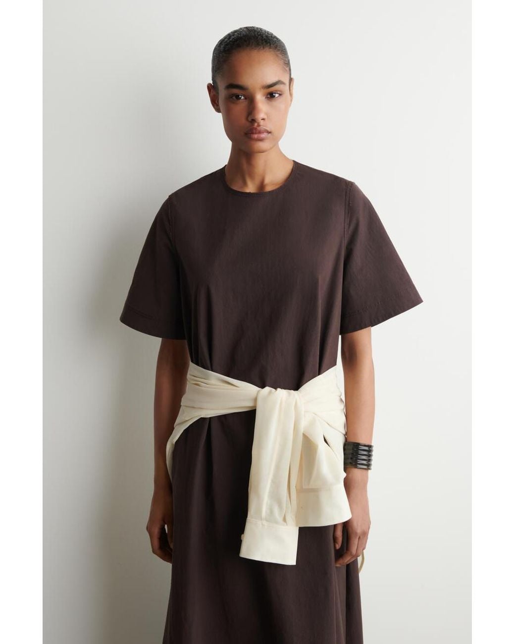 COS Brown Raw-Cut Cotton Midi Dress