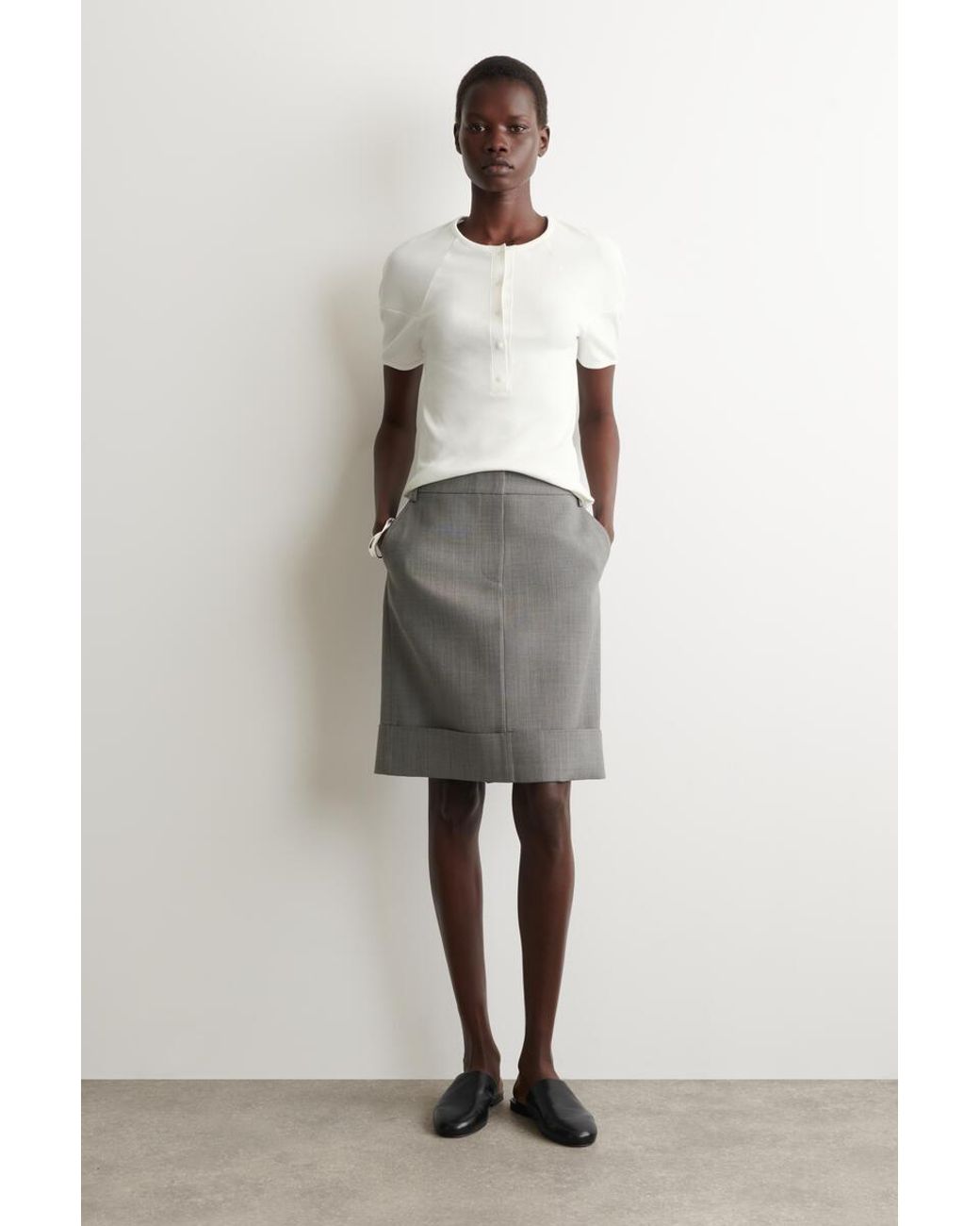 COS White Rounded Ribbed Jersey Henley Top