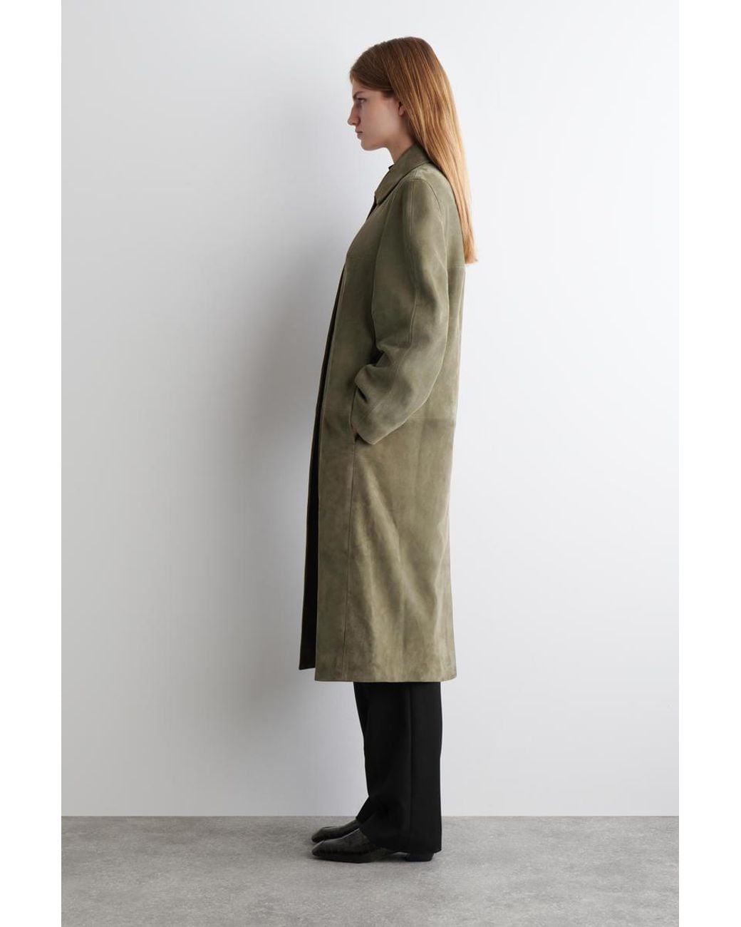 COS Green Collared Suede Long Coat