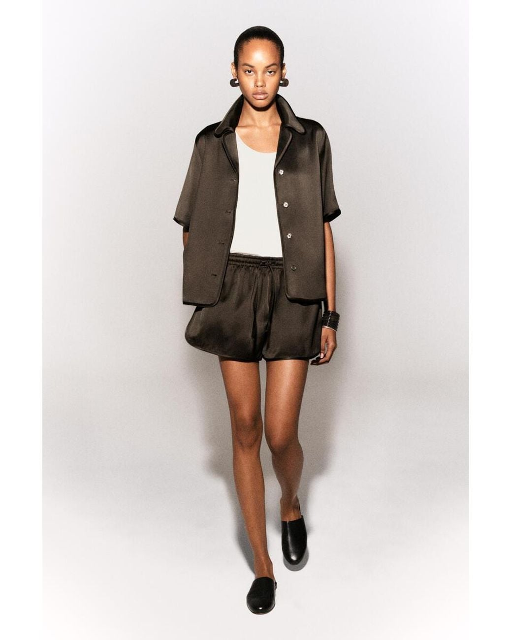 COS Brown Contrast-Piped Satin Shirt