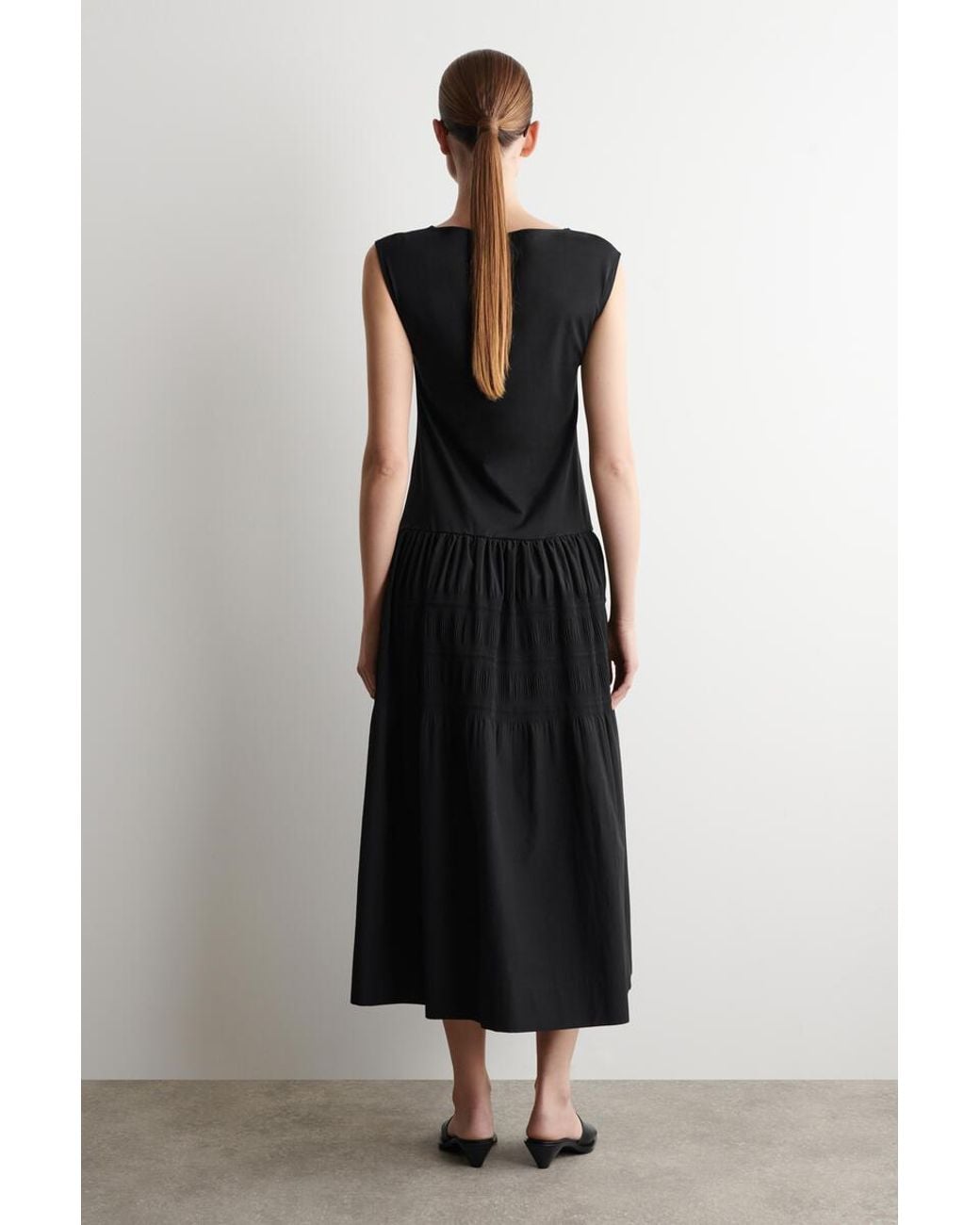COS Black Tiered Gathered Midi Dress