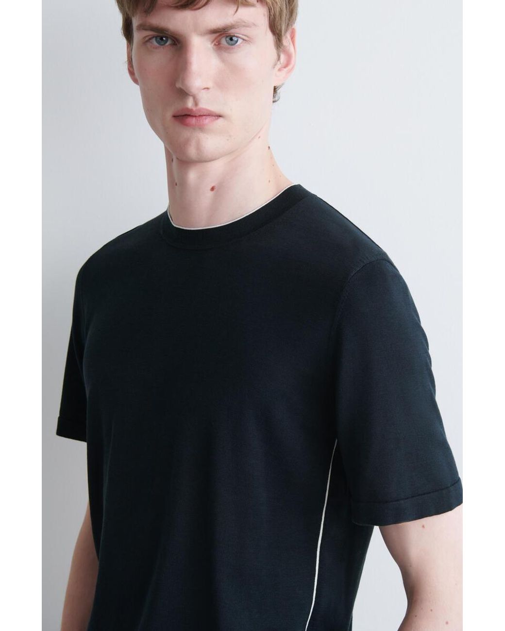 COS Blue Contrast-Tipped Silk-Cotton T-Shirt for men