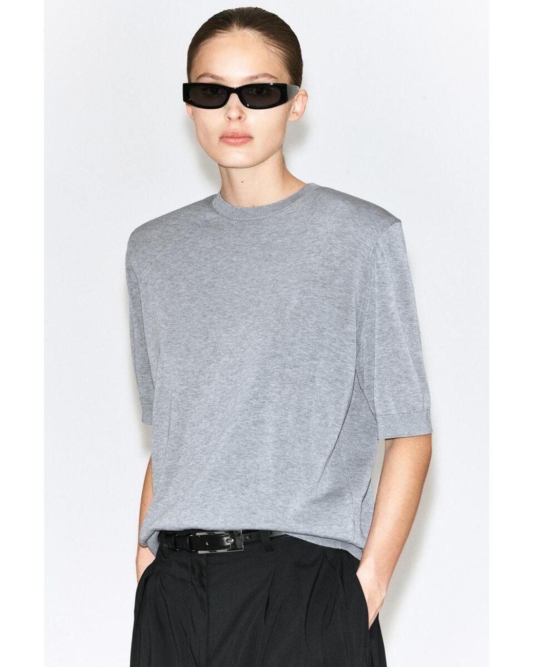 COS Gray Sculpted-Shoulder Silk-Cotton T-Shirt
