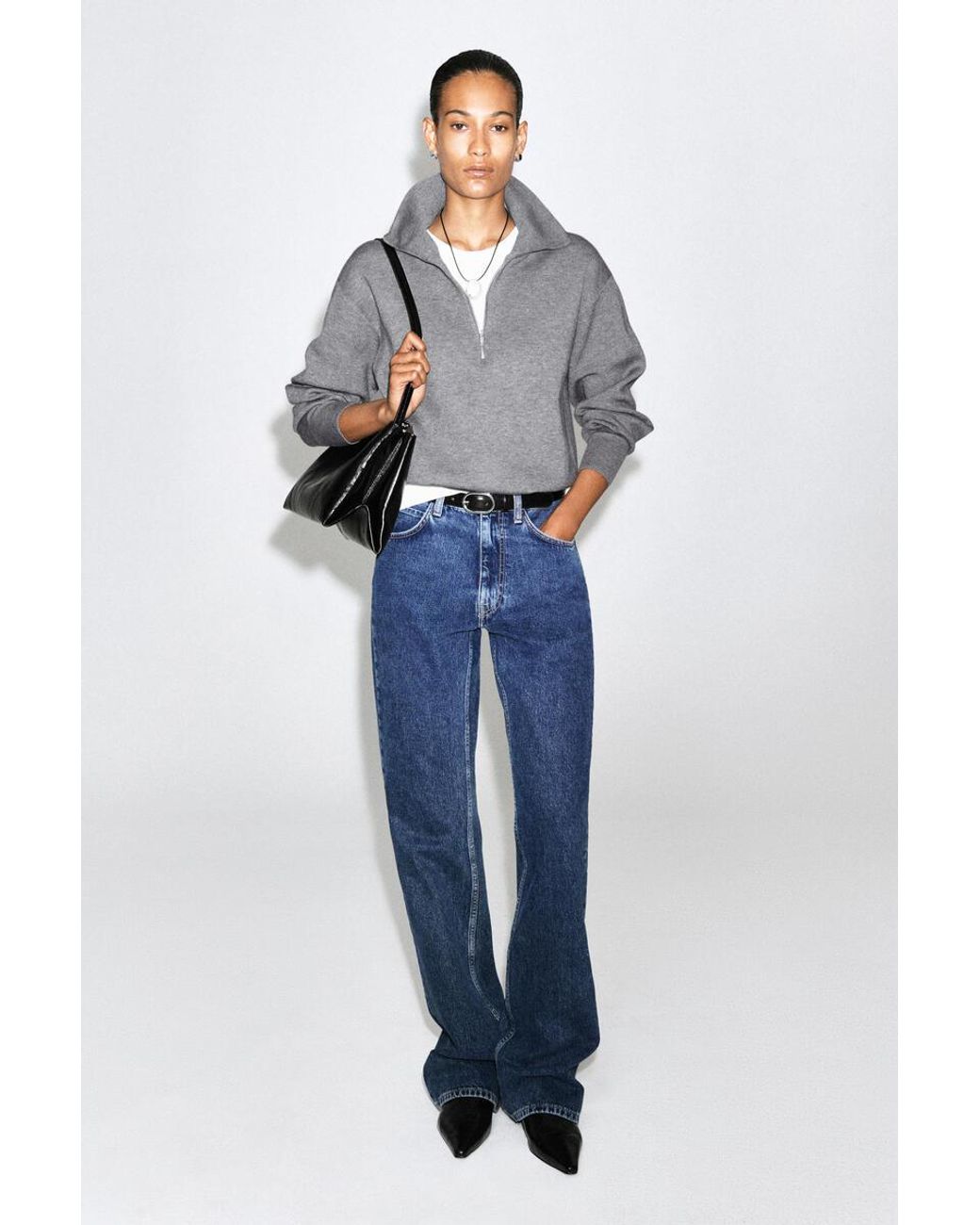 COS Gray Mock-Neck Half-Zip Knitted Sweater